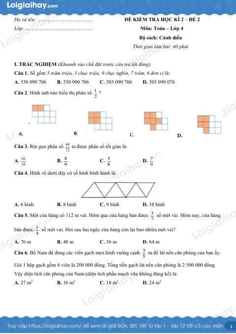 Đề thi học kì 2 Toán 4 Cánh diều - Đề số 2